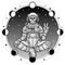 Animation figure of the astronaut skeleton sitting in Buddha pose. Meditation in space.