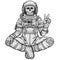 Animation figure of the astronaut skeleton sitting in Buddha pose. Meditation in space.