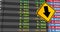 Animation of financial data processing and yellow road sign with arrow