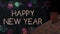 Animation of fireworks exploding and happy new year text over roof and chimney