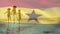 Animation of flag of ghana over african american family at beach