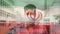 Animation of flag of iran waving over man in face masks