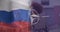 Animation of flag of russia and nato over biracial male protester