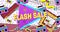 Animation of flash sale text in yellow letters over brightly coloured retro cassette players pattern