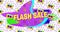 Animation of flash sale text in yellow letters over brightly coloured retro cassettes pattern