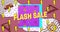 Animation of flash sale text in yellow letters over brightly coloured retro pattern