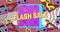 Animation of flash sale text in yellow letters over brightly coloured retro tape recorders pattern