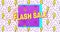 Animation of flash sale text in yellow letters over brightly coloured thunder flash retro pattern