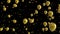 Animation of floating gold balloons rising and confetti falling on black background