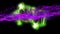 Animation of floating purple liquid over cluster of glowing green shapes, on black