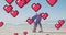 Animation of floating red pixel hearts, over woman tying shoe on beach