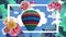 Animation of flowers on frame and hot air balloon over green leaves and falling clouds