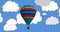 Animation of flying balloon with basket over clouds on blue background