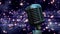 Animation of flying glowing purple lights over microphone on dark background