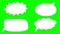 Animation. Four differently shaped, white, blank speech bubbles with space for writting text, on green background
