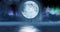 Animation of full moon hanging over water with aurora lights in night sky in background