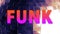 Animation of funk in orange and pink text over rotating mirror ball