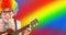 Animation of geek playing guitar wearing rainbow color wig over rainbow