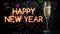 Animation of glittering text happy new year, with confetti, fireworks and champagne glass, on black