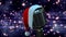 Animation of glowing purple lights over microphone with christmas hat on dark background