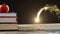 Animation of glowing shooting star over apple on stack of books