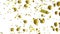 Animation of gold balloons rising, with gold confetti falling on white background