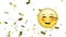 Animation of gold confetti falling over smiling emoji on white background