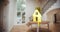 Animation of gold key and key ring over blurred house interior