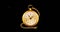 Animation of gold pocket watch and chain over white stars moving on black background