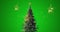 Animation of gold stars swinging over decorated christmas tree on green background