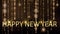 Animation golen text Happy New Year with orange light sparkle.