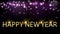 Animation golen text Happy New Year with purple light sparkle.