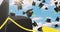 Animation of graduation hats falling against blue sky