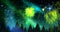 Animation of green christmas and new year fireworks exploding over trees in starry night sky