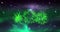 Animation of green christmas and new year fireworks exploding in starry cosmos night sky