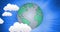 Animation of green and grey globe and hexagon grid on blue sky and clouds