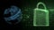 Animation of a green padlock with a globe spinner on black background