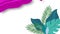 Animation of green tropical plants and purple liquid over white background