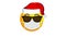 Animation of a grinning yellow emoji in a black sunglasses, santa claus Christmas hat and protective medical mask