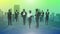 Animation of group of business people with yellow to green tint over cityscape