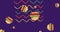 Animation of hamburgers falling with zigzag green, yellow and red lines on dark purple background