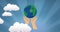 Animation of hands holding globe in striped blue sky and clouds