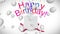 Animation of happy birthday text over balloons and present on white background