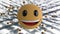 Animation of happy emoji over floating emojis with binary code in background