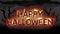 Animation of happy halloween text over trees on grey background