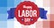 Animation of happy labour day badge with american flag on red, white and blue pixels