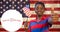 Animation of happy martin luther king day text over happy african american boy with american flag