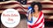 Animation of happy martin luther king day text over happy african american woman with american flag