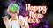 Animation of happy new year text with man in colourful wig partying, over pink and purple fireworks