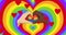 Animation of hearts and diverse hands over rainbow heart